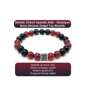 SERTİFİKALI Zirkon Aparatlı Kırmızı Akik - Obsidyen - 8mm Doğal Taş Misinalı Bileklik