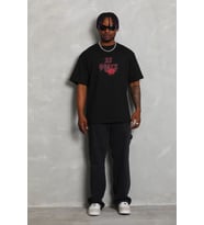 Erkek Baskılı Tişört Kısa Kol Bisiklet Yaka Oversize T-Shirt - Siyah