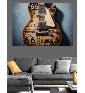 Route 66 Gitar İllüstrasyon Dekoratif Kanvas - Mdf Ahşap Tablo