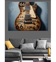 Route 66 Gitar İllüstrasyon Dekoratif Kanvas - Mdf Ahşap Tablo