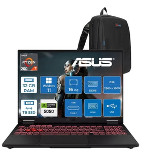 Asus Tuf Gaming A16 FA608UH Ryzen 7 260 Aı 32GB Ddr5 4tb Ssd+4tb SSD 16-Inch 8GB/RTX5050 115W, 1920 x 1200, Wuxga SRGB:%100 165Hz 3ms IPS WINDOWS11PRO Gaming Laptop ZRV099WP16+ZETTAÇANTA