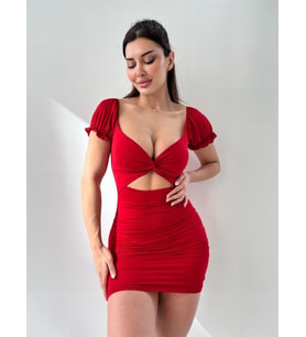 Kırmızı Kısa Kol Pencere Detay Bodycon Mini Elbise