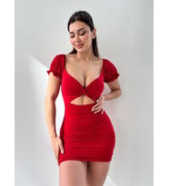 Kırmızı Kısa Kol Pencere Detay Bodycon Mini Elbise