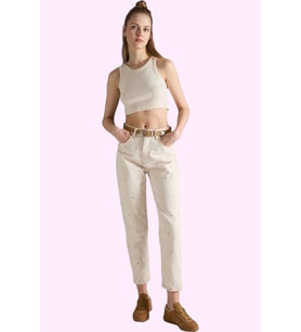 Kadın Yüksek Bel Geniş Paça Mom Jean Kalp Desenli Denim Günlük Hafta Sonu Kaliteli Malzeme (Bej)