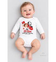 İlk 29 Ekim Cumhuriyet Bayramım Baskılı Bebek Çıtçıtlı Body Uzun Kollu %100 Pamuk Unisex Zıbın Badi