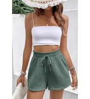 Ghassy Co. Kadın %100 Cotton Müslin Tatil Ev İçi/Dışı Kullanım Cepsiz Beli Bağcıklı Şort (Yeşil)