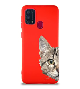 Samsung Galaxy M31 Soft Premier Kapak Catface Tasarımlı Silikon Kılıf - Kırmızı (Şeffaf)