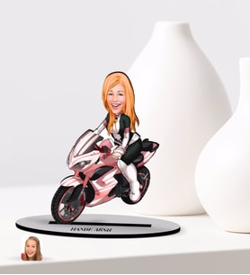 BK Gift Kişiye Özel Kadın Motorcu Karikatürlü Ahşap Biblo Model-2
