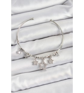 Pirinç Zirkon Taşlı Yıldız Model Gümüş Renk Charm Bileklik 5886