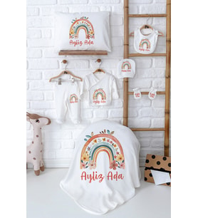 Pia Baby Premium İsim Baskılı %100 Pamuk Yenidoğan Kız Bebek Hediyelik Set 5022-02 (Ekru)