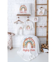 Pia Baby Premium İsim Baskılı %100 Pamuk Yenidoğan Kız Bebek Hediyelik Set 5022-02 (Ekru)