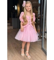 Kız Çocuk Karpuz Kol Düğme Detaylı Ceket Kat Kat Tül Pembe Etekli Takım