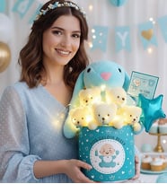 Yenidoğan & Babyshower Hediyesi LED Işıklı Peluş Ayıcık Buketi Ve Uyku Arkadaşı Tavşan Eşe Hediye (Mavi)