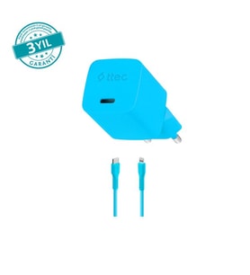 Ttec SmartCharger GAN 20W PD Seyahat Hızlı Şarj Aleti + USB-C - Lightning 120cm Kablo Neon Mavi
