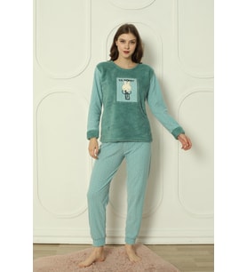 Fawn 3300 Peluş Welsoft Polar Kışlık Sevimli Tavşanlı Kadın Pijama Takımı (Yeşil)