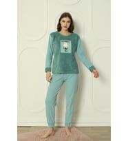 Fawn 3300 Peluş Welsoft Polar Kışlık Sevimli Tavşanlı Kadın Pijama Takımı (Yeşil)
