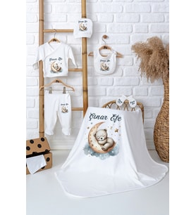 Pia Baby Premium İsme Özel %100 Pamuk Battaniyeli 5 Parça Zıbın Set Yenidoğan Erkek Bebek Hediyesi 5039-04 (Ekru)
