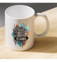 İstanbul Yazılı Şehir Silüeti Baskılı Porselen Kupa - Memleket Temalı Hediyelik Kupa