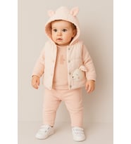 Bebek 3’lü Şardonlu Kulaklı Kapüşonlu Takım – Sweatshirt, Pantolon ve Yelek Seti 10703 (Pudra)