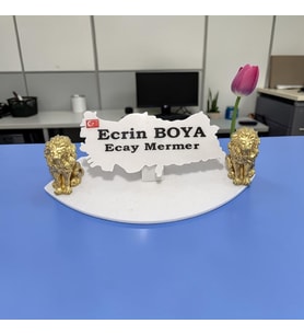 Doğal Beyaz Mermer İsimlik Gold Renkli Çift Arslan 'lı
