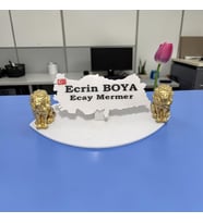 Doğal Beyaz Mermer İsimlik Gold Renkli Çift Arslan 'lı