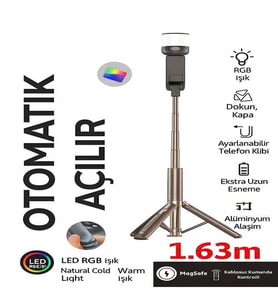 163cm RGB Işıklı Magsafe Selfie Tripod  Uzaktan Kumandalı, Tek Dokunuşla Açılan Katlanabilir