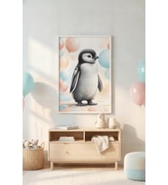 Penguen ve Balonlar 1. Kalite Ahşap Çerçeveli Tablo