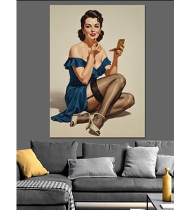 Pin-Up Kız Makyaj Yaparken Dekoratif Kanvas - Mdf Ahşap Tablo