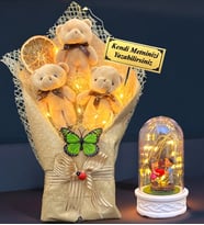 Kişiye Özel Led Işıklı Büyük Boy Peluş Ayıcık Buketi ve Led Işıklı Biblolu Fanus (Model 4)
