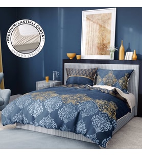 Monohome Premium Luxury Çift Kişilik Nevresim Takımı 3D Pamuk Saten Blue Damask (Lacivert)