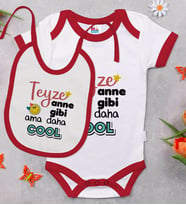 BK Kids Teyze Anne Gibi Tasarımlı Kırmızı Bebek Body Zıbın ve Mama Önlüğü Hediye Seti-1
