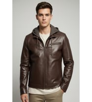 Kahve Leonard Kapüşonlu Hakiki Deri Erkek Mont