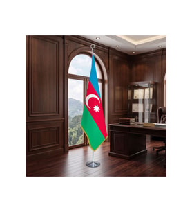 Azerbaycan Cumhuriyeti Direkli - Altın Saçaklı Saten Makam Bayrağı Seti (Krom Direk)