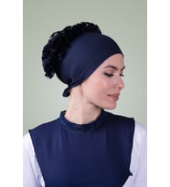 Lacivert Arkadan Bağlamalı Tesettür Bone Viskon Kumaş Fırfır Bone 1006_02