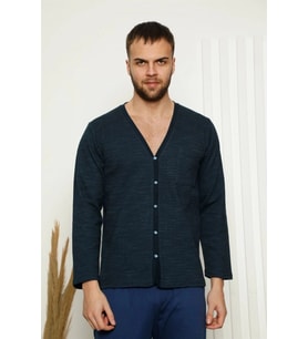 Giyim Erkek %100 Pamuk Önden Düğmeli Cepli Uzun Kollu Pijama Takımı Lacivert