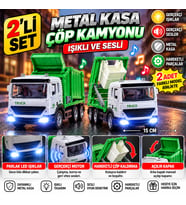 Metal Çöp Kamyonu 2’li Set 15 cm Işıklı Sesli Hareketli Kovalı Oyuncak