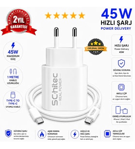 SChitec 45W Çıkışlı Hızlı Şarj Aleti Type-C to Type-C Kablolu Set Beyaz SC007