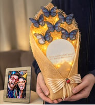 Size Özel Fotoğraflı Led Işıklı Tasarım Aynalı Kelebek Buketi (Mavi)
