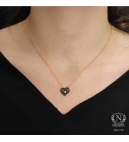 925 Ayar Gümüş İçiçe Kalp Kolye, Beyaz - Siyah Taş Rose (Pembe)-Standart