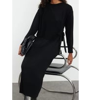Tarz Kadın Modern Moda Normal Bel Boru Paça Dik Yaka Triko Hırka Elbise Alt-Üst Takım (Siyah)