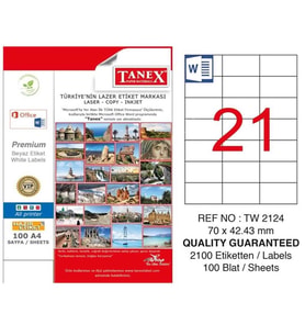 Bilgisayar Etiketi Tw-2124 70x42,43 mm 100 Lü Lazer Etiket 1 Paket Tanex Davetiye Kargo Etiketi (Beyaz)