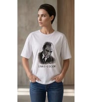 Atatürk Baskılı Tişört Kısa Kollu Bisiklet Yaka T-Shirt - Beyaz