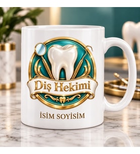 Diş Hekimi Kupa Bardak Diş ve Muayene Aynası Desenli