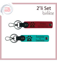 Kedi İle Büyüyen Çocuklara Anlamlı Hediyelik, Kalpli Pati Motifli Anahtarlık Set, Kırmızı-K Turkuaz