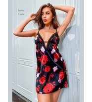 Intive Cutie Siyah Romantik Çiçek Desenli Derin Dekolte İnce Askılı Mini Gecelik