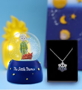 Mini Küçük Prens Kar Küresi & Mavi Taşlı Kar Tanesi Kolye Hediye Seti