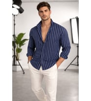 Erkek İki Çizgili Regular Relaxed Fit Uzun Kollu Gömlek