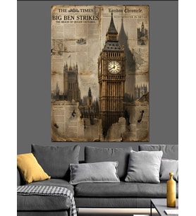 Gazete Baskılı Big Ben Saat Kulesi Dekoratif Kanvas - Mdf Ahşap Tablo