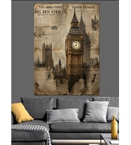 Gazete Baskılı Big Ben Saat Kulesi Dekoratif Kanvas - Mdf Ahşap Tablo