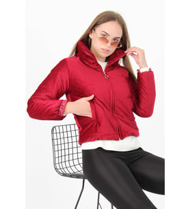 Neşeli Butik Kadın Yüksek Yaka Fermuar Detaylı Cepli Kışlık Kadife Mont NB7154